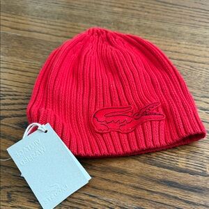 Lacoste Bright Red Ribbed Beanie with Crocodile Patch